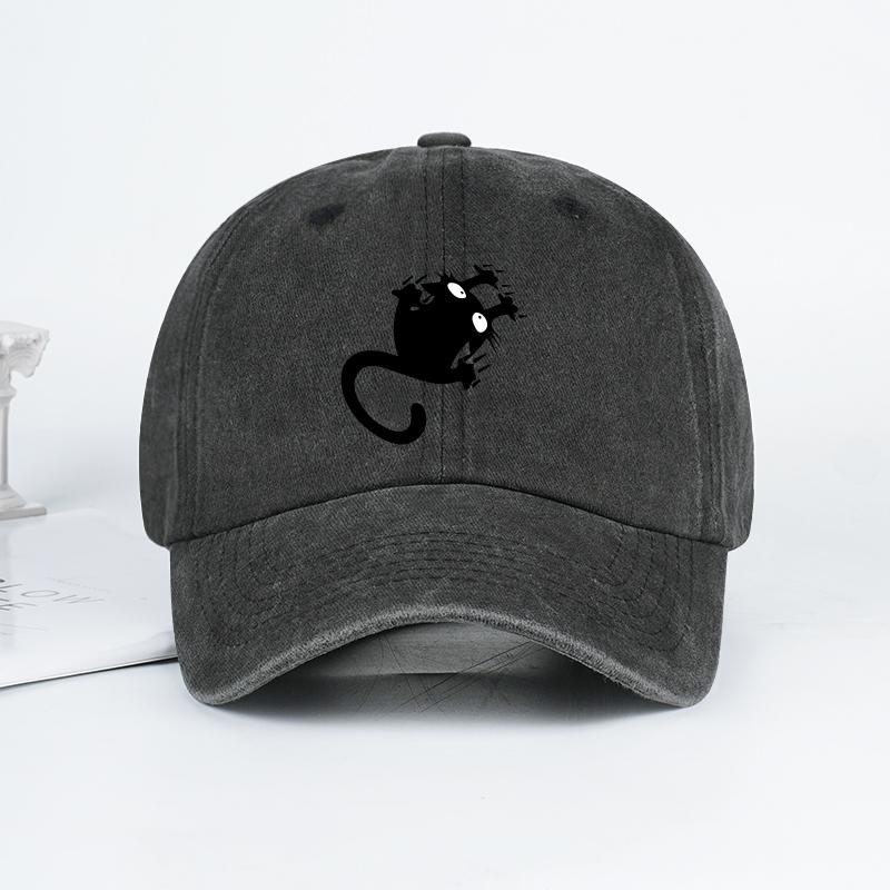 Funny Black Cat Print Washed Baseball Cap Soft, Comfortable, Lightweight, Breathable, Adjustable Cute, Playful, Trendy, Fashiona