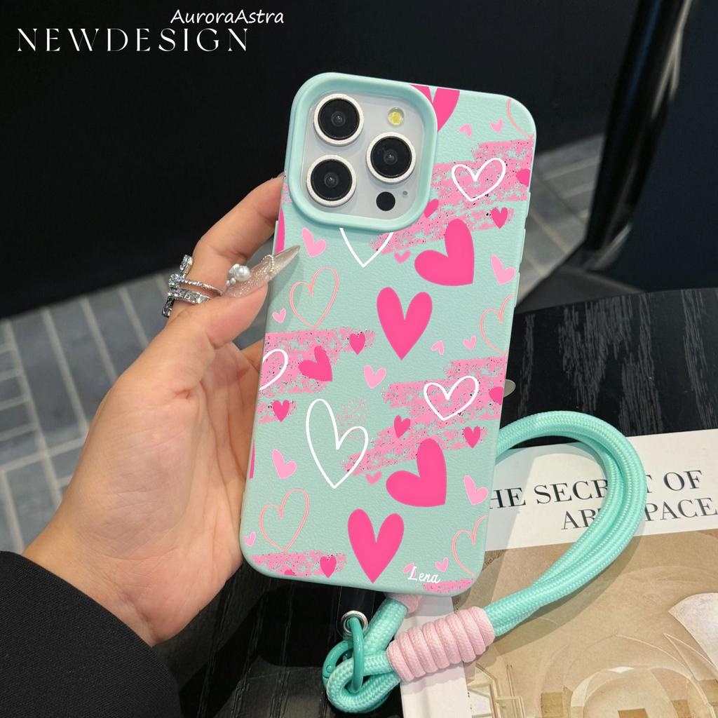 Pink Hand-Draw Heart Protective Phone Case For iPhone 17 16 16e 15 14 13 12 Pro Max 11 Plus Shockproof Lichee Pattern Funda