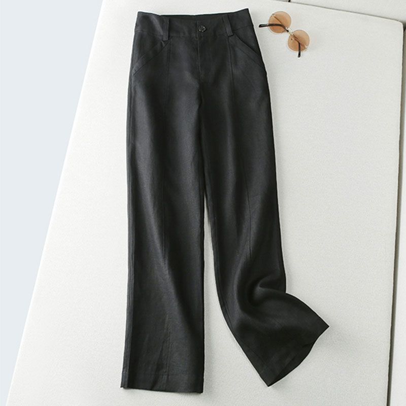 Pantalon Capri en Coton Lin pour Femme Taille Élastique Couleur Unie Coupe Droite