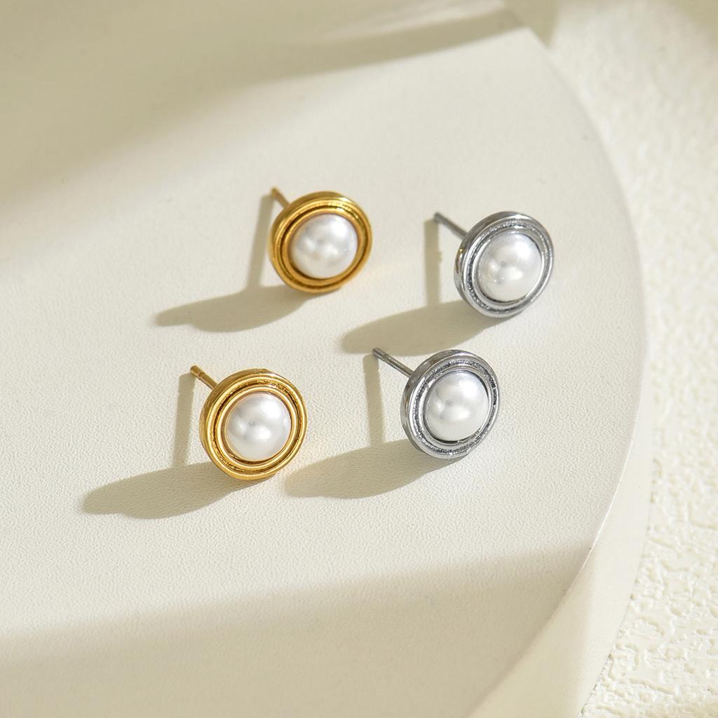 18K Gold Pearl Stud Earrings Spiral Circle Earrings Temperament French Elegant Simple Style Retro Earrings