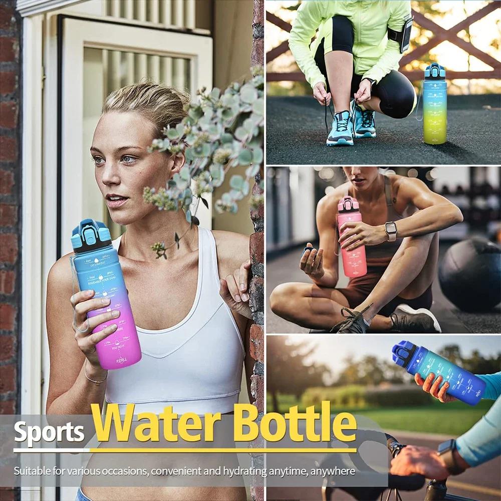 1L Wasserflasche Sport Zeitskala Erinnerung Große Kapazität Wasserbecher Auslaufsichere Trinkflaschen Outdoor Reise Fitnessstudio Fitness Krüge