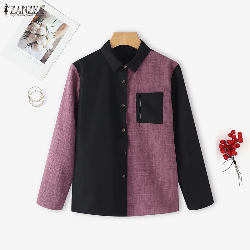 ZANZEA Women Casual Turn Down Collar Long Sleeve Patchwork Blouse