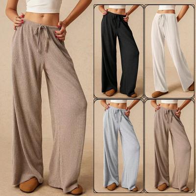 Women's Mid Rise Drawstring Loose Fit Ribbed Wide Leg Pants Casual Trousers