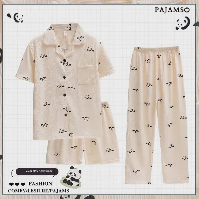 Dopamin Pembesi Çizgili Yazlık Pamuk Krep Pijama Takımı - Kadın Kısa Kollu Üç Parça