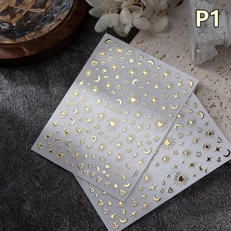 1Pc Bronzing Heart-Shaped Nail Stickers Gold And Silver Laser Butterfly Star Moon Glue Slider Diy Nail Accessories Decoration