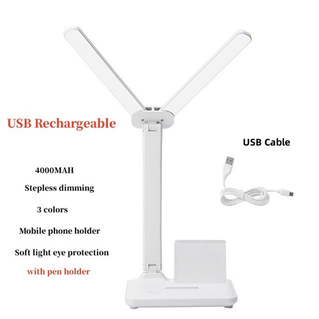 

Складна світлодіодна настільна лампа з двома головками та тримачем, USB-акумуляторна, регульована яскравість, захист очей