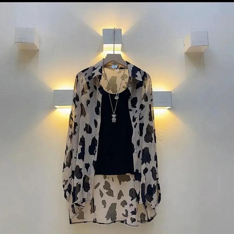 Солнцезащитная рубашка женская летняя большая шифоновая рубашка кардиган тонкий топ с пальто корейская леопардовая рубашка M