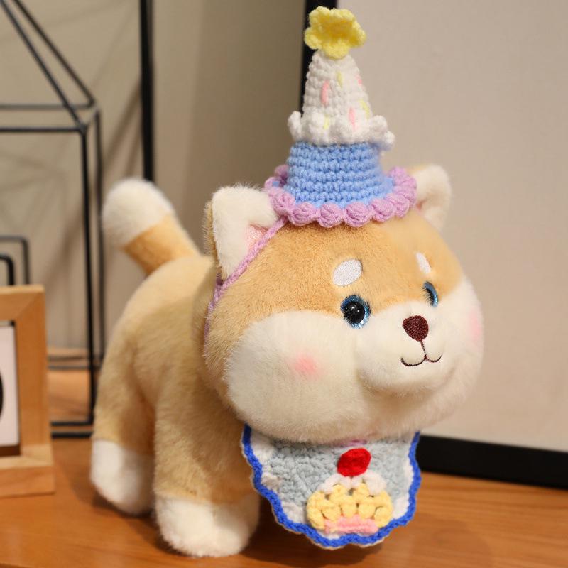 Shiba Inu Puppy Plush with Birthday Cake Hat - Cute Comfort Toy for Kids