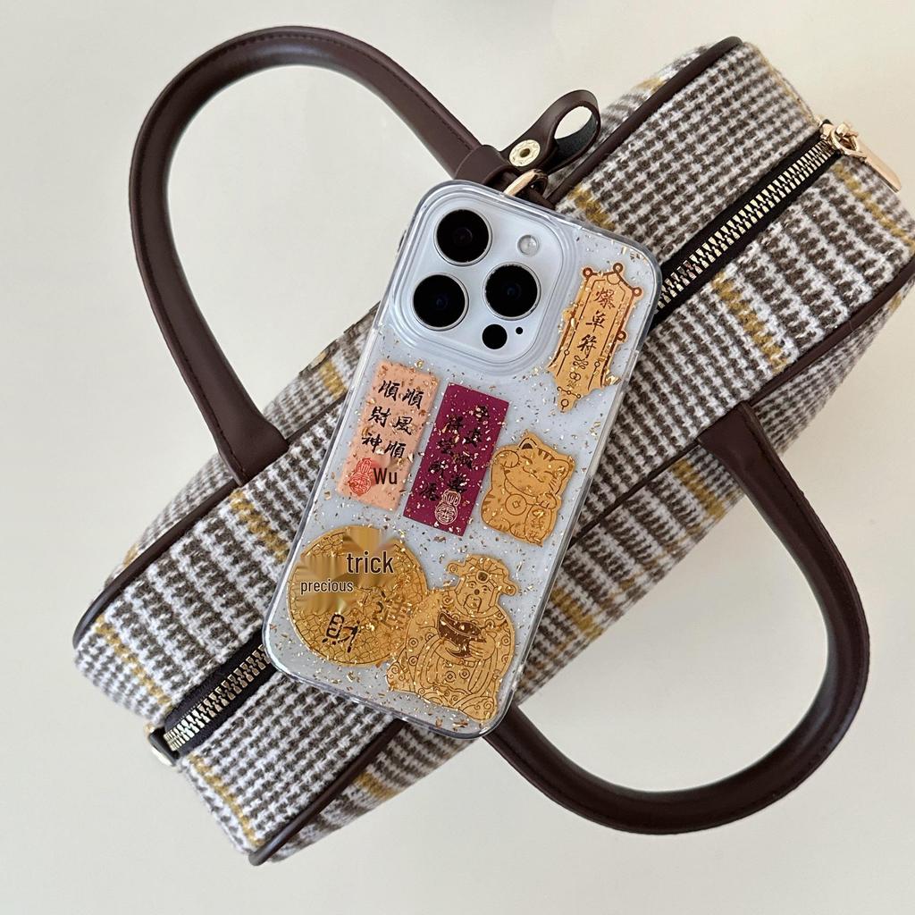 Chinese God of Wealth Gold Foil Epoxy Phone Case for iPhone 13, 14, 15, 16 Pro Max & 17 Air - Drop-Proof Design