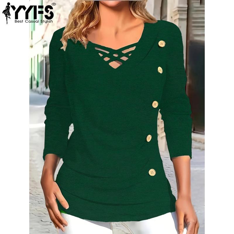 YYFS Women's Fashion Casual Spring Autumn Solid Color Print Long Sleeve V-Neck Blouses & Shirts
