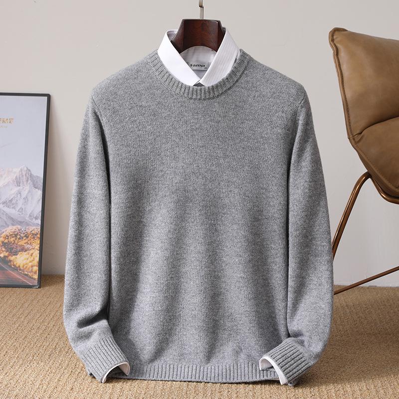 Men's Pure Wool Thickened Winter Pullover - Color Block Round Neck Cashmere Sweater