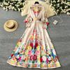 France Elegant Vintage Luxury Evening Dress Women Print  Button Long Party Dress Female Casual Chic Holiday Clothing