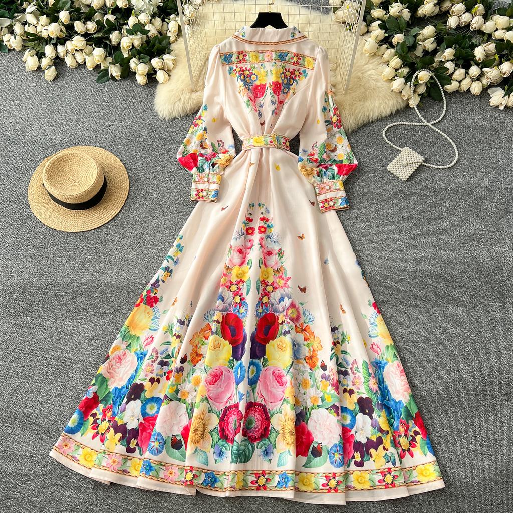 France Elegant Vintage Luxury Evening Dress Women Print  Button Long Party Dress Female Casual Chic Holiday Clothing