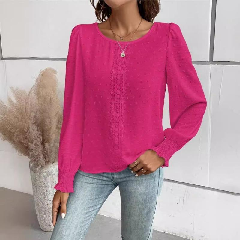 Women's Shirt Spring and Summer 2026 Round Neck Lace Casual Loose Women's Blouses Puff Sleeve Tops Vintage Elegant Solid Color Office Ladies Shirts