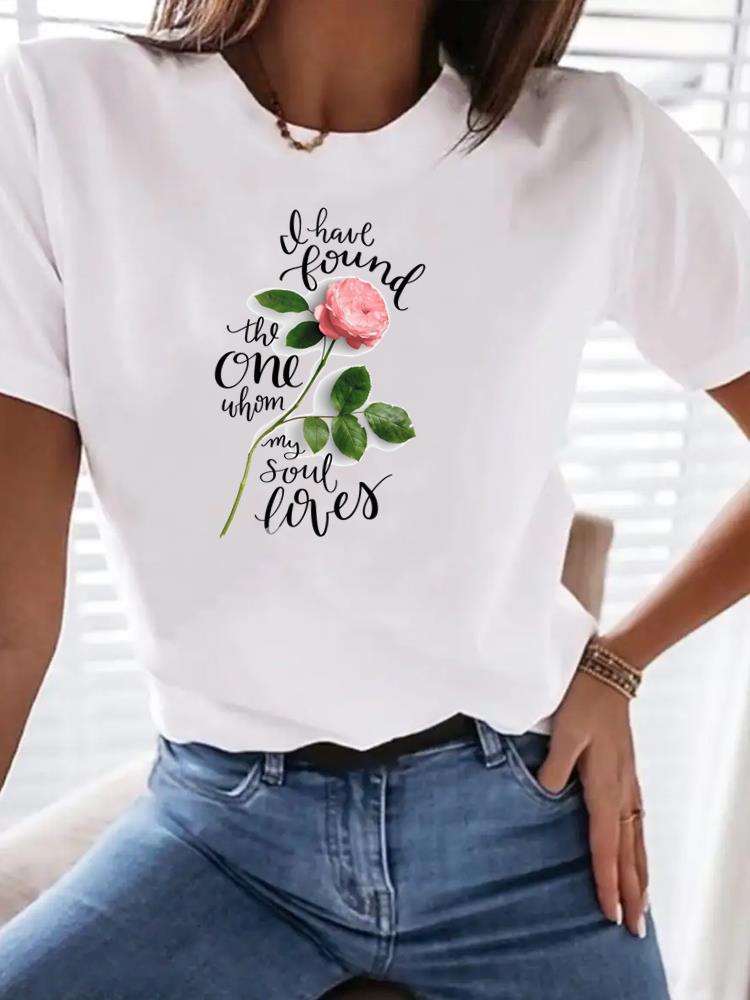 (Asian Size) Print Women Clothing Tee Top flower lovely trend Woman Short Sleeve T Shirt Fashion Female Graphic T-shirts