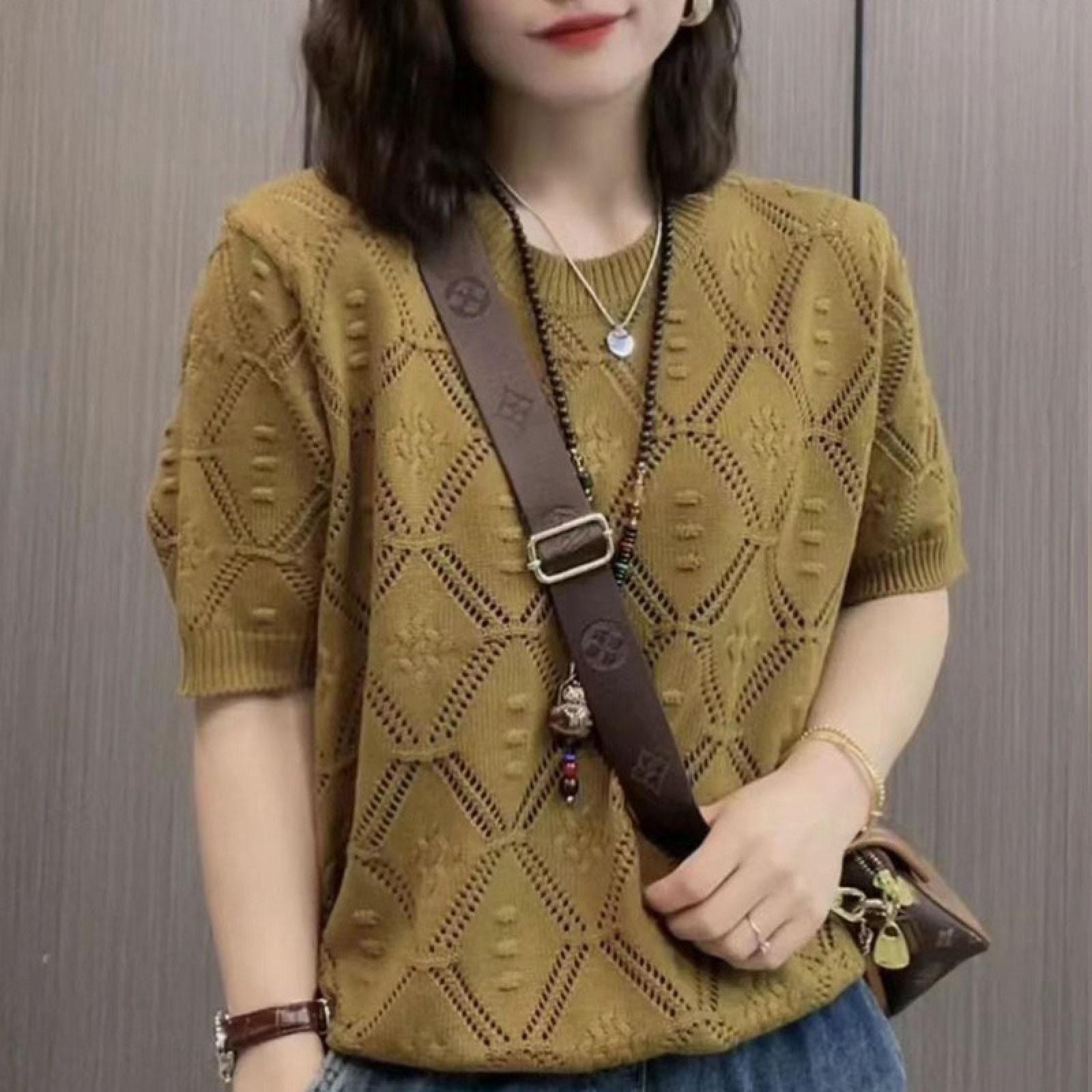 Французский ажурный летний тонкий вязаный свитер с короткими рукавами, женский модный свободный топ с круглым вырезом в западном стиле, уменьшающий возраст One Size