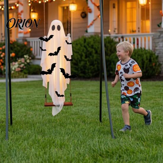 Multi Lighting Mode Decor Halloween Large Hanging Swing Ghost Decoration, Light Up Spooky Swinging Courtyard Decorations with 3D Bats for Front Porch,
