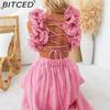 BITCED Women's Summer Sexy Sleeveless Solid-Color Tie-Waist Pleated Skirt Dress