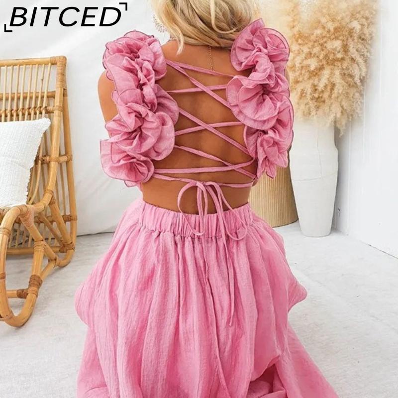 BITCED Women's Summer Sexy Sleeveless Solid-Color Tie-Waist Pleated Skirt Dress