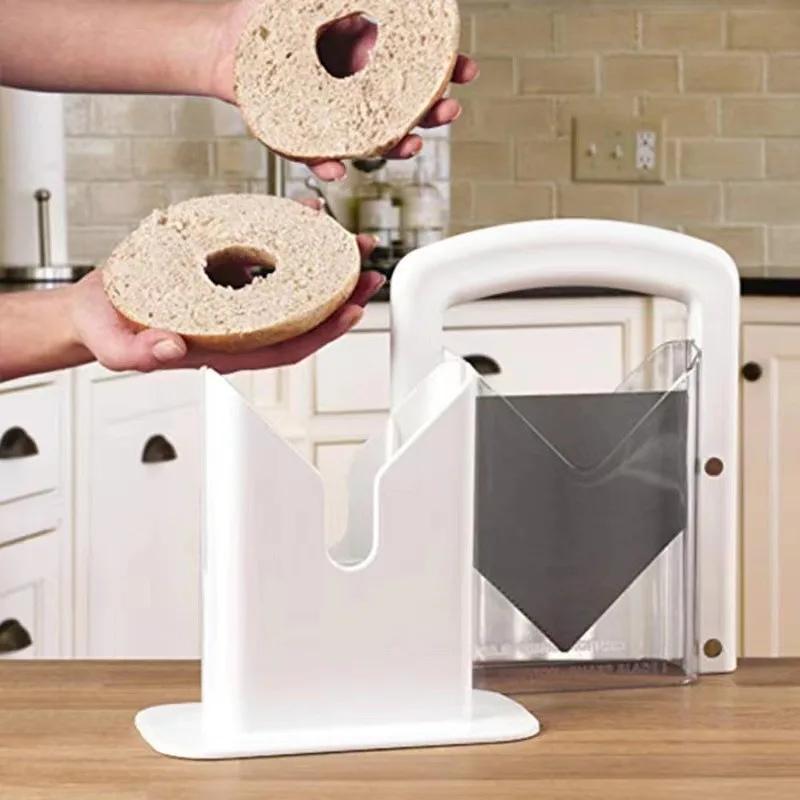 Reusable Stainless Steel Bagel Slicer Kitchen Tool Safe Grip Safety Shield for Bread Muffin Bun Roll Fast Easy Guillotine Cutter
