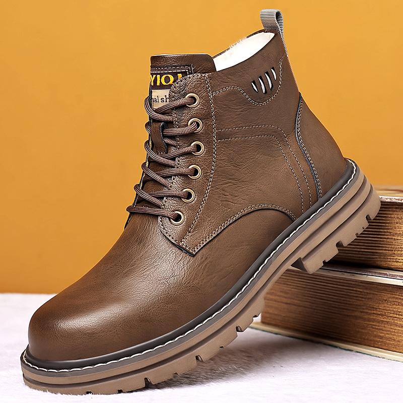 

Флисовые термохлопковые кожаные ботинки с мехом, мужские зимние ботинки, взрывные шерстяные хлопковые ботинки, повседневные уличные ретро ботинки Мартин 44 коричневый