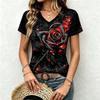 Summer Women Rose Floral Print V-Neck T-shirt Fashion Vintage Casual Summer Daily Tops Elegant Temperament Ladies Short Sleeve