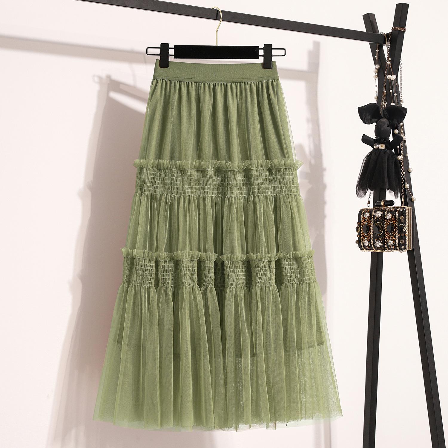 

Qooth Layered Ruffle Tulle Skirt High Waist Midi Skirt Vintage Party Skirt Simple Casual Skirt Women s Skirt QT2608 One Size зелений