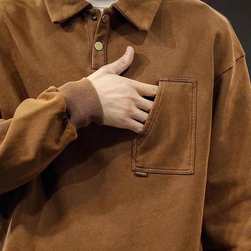 American Retro Trend Loose Autumn Men's Patchwork Polo Collar Button Pocket Fashion Solid Loose Long Sleeved Tops