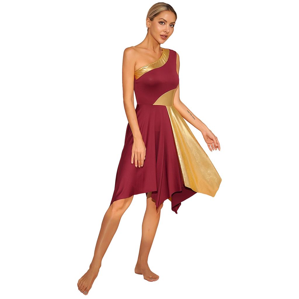 Womens Metallic Worship Praise Dance Dress Color Block One Shoulder Irregular Hem Sleeveless Dresses Performance Costume