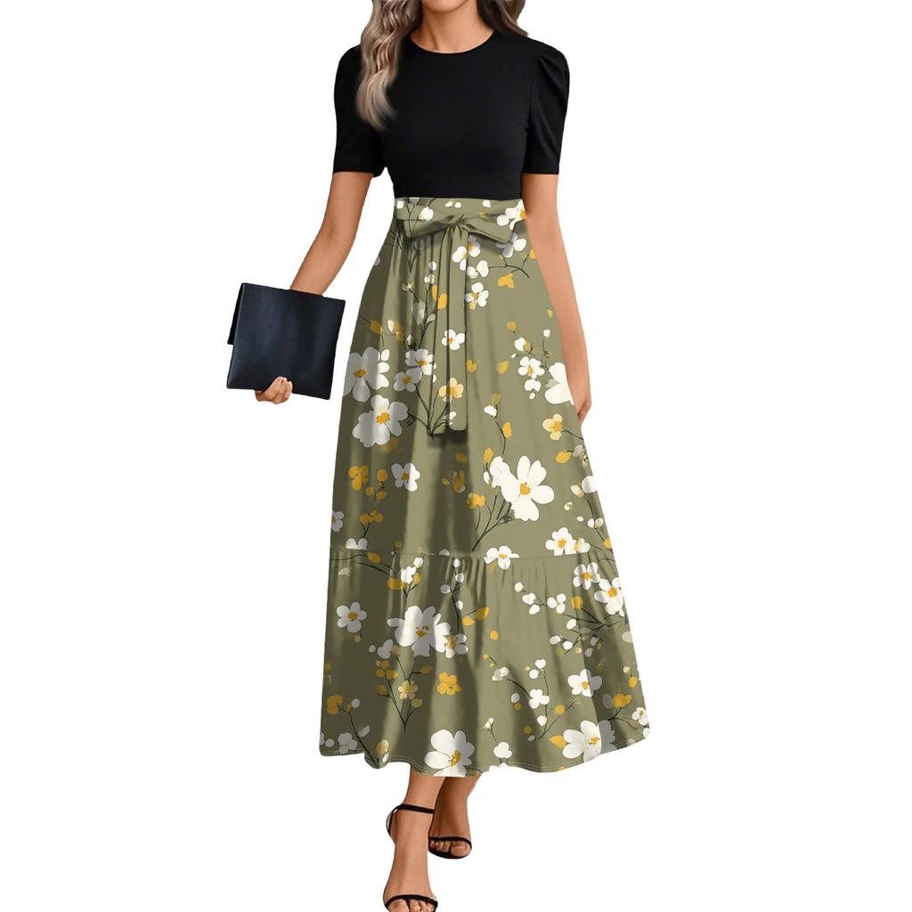 Ladies Fashion Casual Belt Short Sleeve Round Neck Floral Print Splicing Elegant Temperament Dress