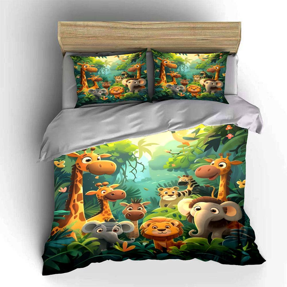 Cartoon Jungle Animals Decor Set Multiple Sizes Kid'S And Adults' Bedroom Exquisite 3Pc Bedding Set, Gift