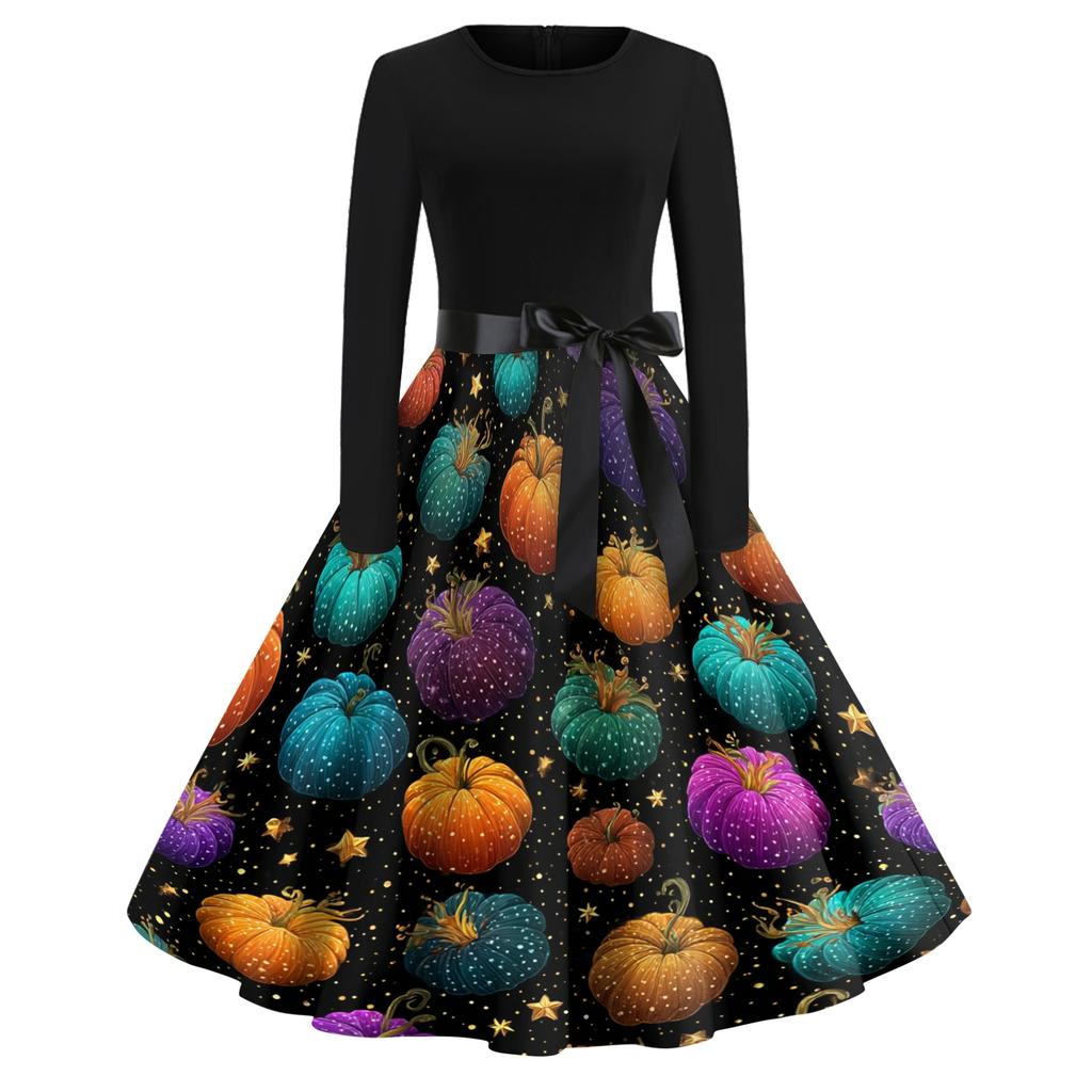 Women's Casual Vintage Halloween Print Dress Long Sleeve Round Neck A-Line Retro Style Midi Dress with Waist Tie for Seasonal Wear