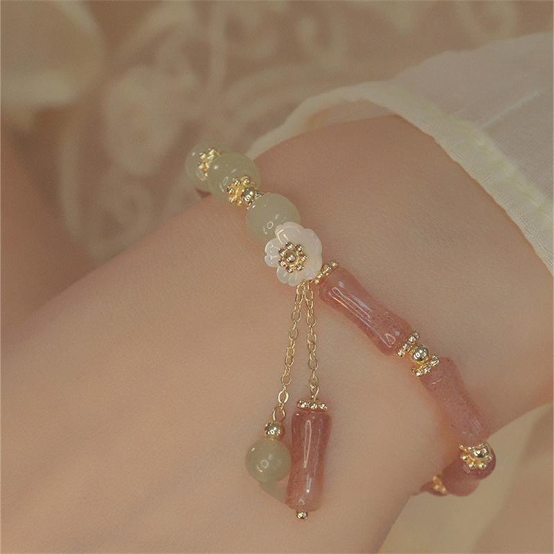 Elegant Green Bamboo Joint Beaded Bracelet for Women Chinese Style Charm Flower Pendant Bracelet Student Zircon Accessories