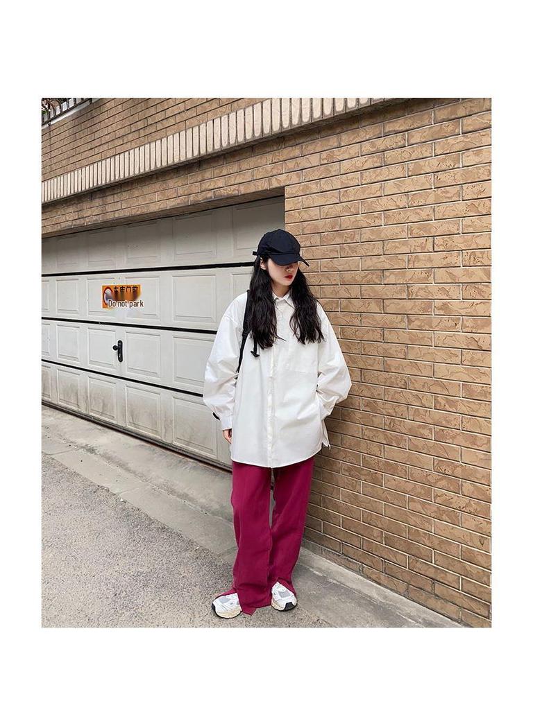 2024 Spring/Autumn Women's Loose Slit Long Sleeve White Shirt - College Style