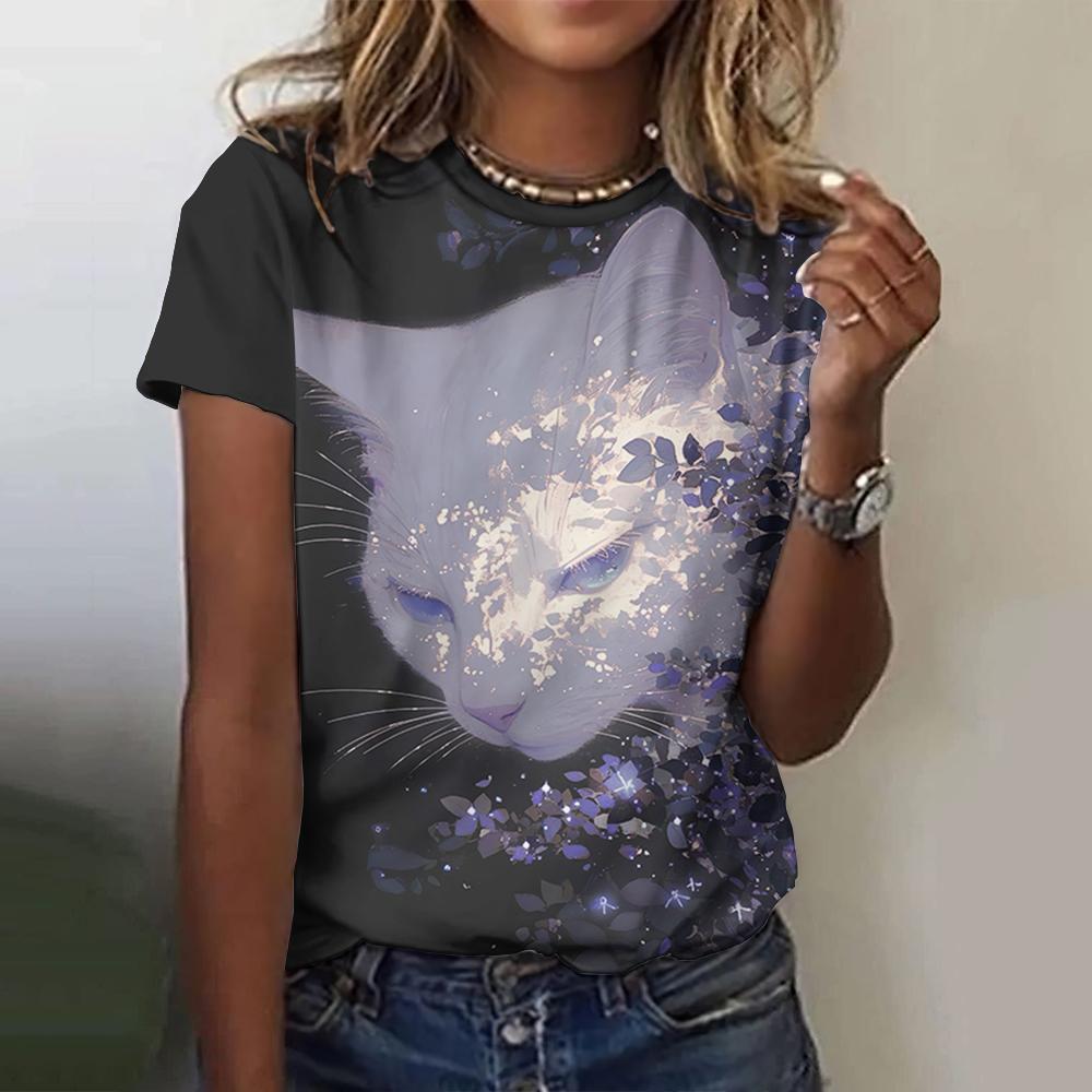 Cool Animal Women's Short Sleeve Round Neck T-Shirt Summer Outdoor Casual Tops Cat Printed