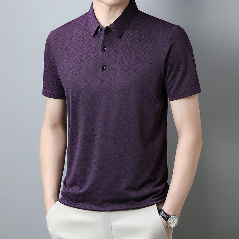 Men'S Polo Shirt Short-Sleeved Business High-End Solid Color Clothes Ice Silk T-Shirt Thin Medium Blue