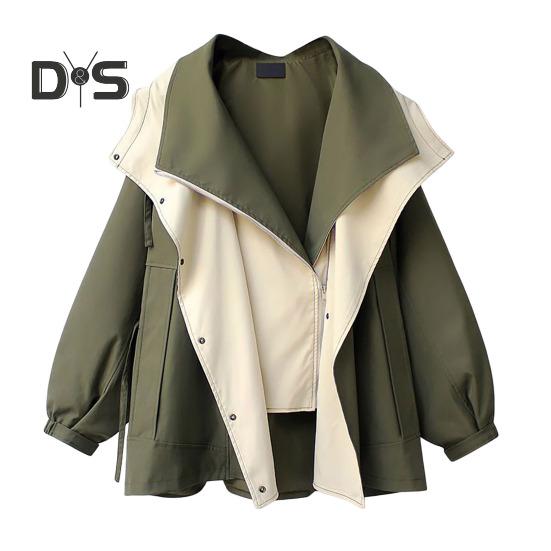 Women Windbreaker Hooded Patchwork Colorblock Zipper And Button Closure Long Sleeves Tight Waist Loose Coat Cargo Style Outdoor Jacket