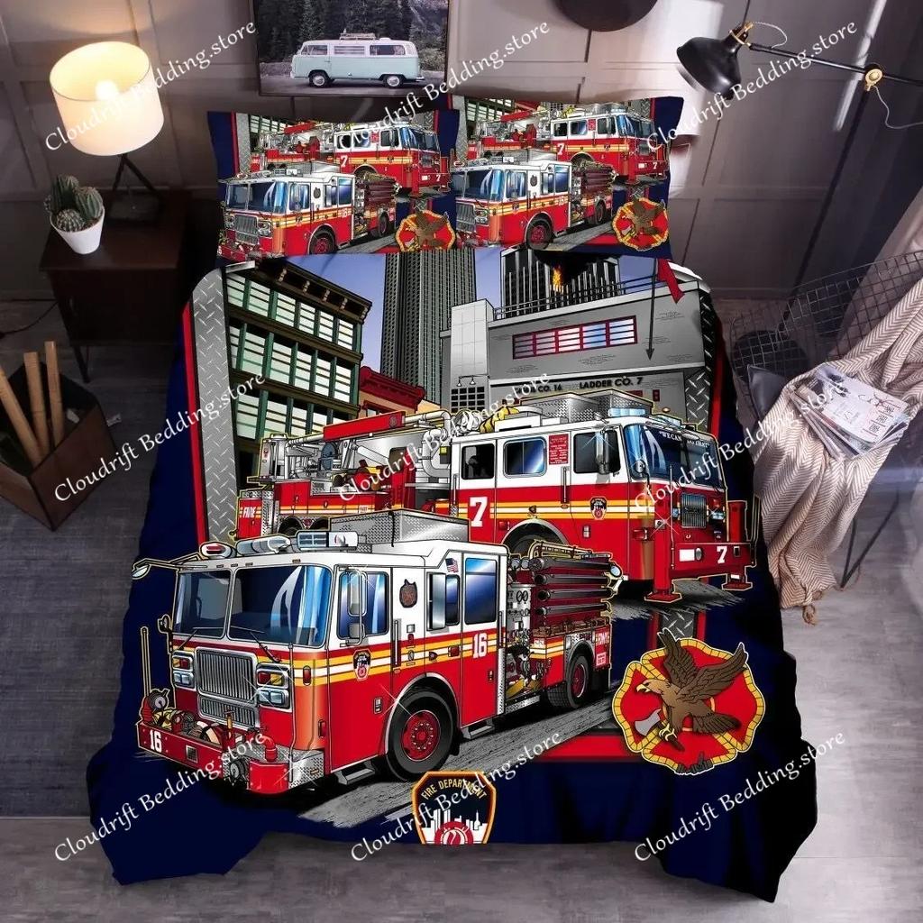 Firefighter Truck Duvet Cover KingQueen Size Red Firemen Car Bedding Set for Kids Boys Girls Fire Engine Polyester Quilt Cover