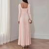 Women's Square Neck Long Sleeve Pleated Midi Dress with Waist-Cinching for Formal Party Occasions