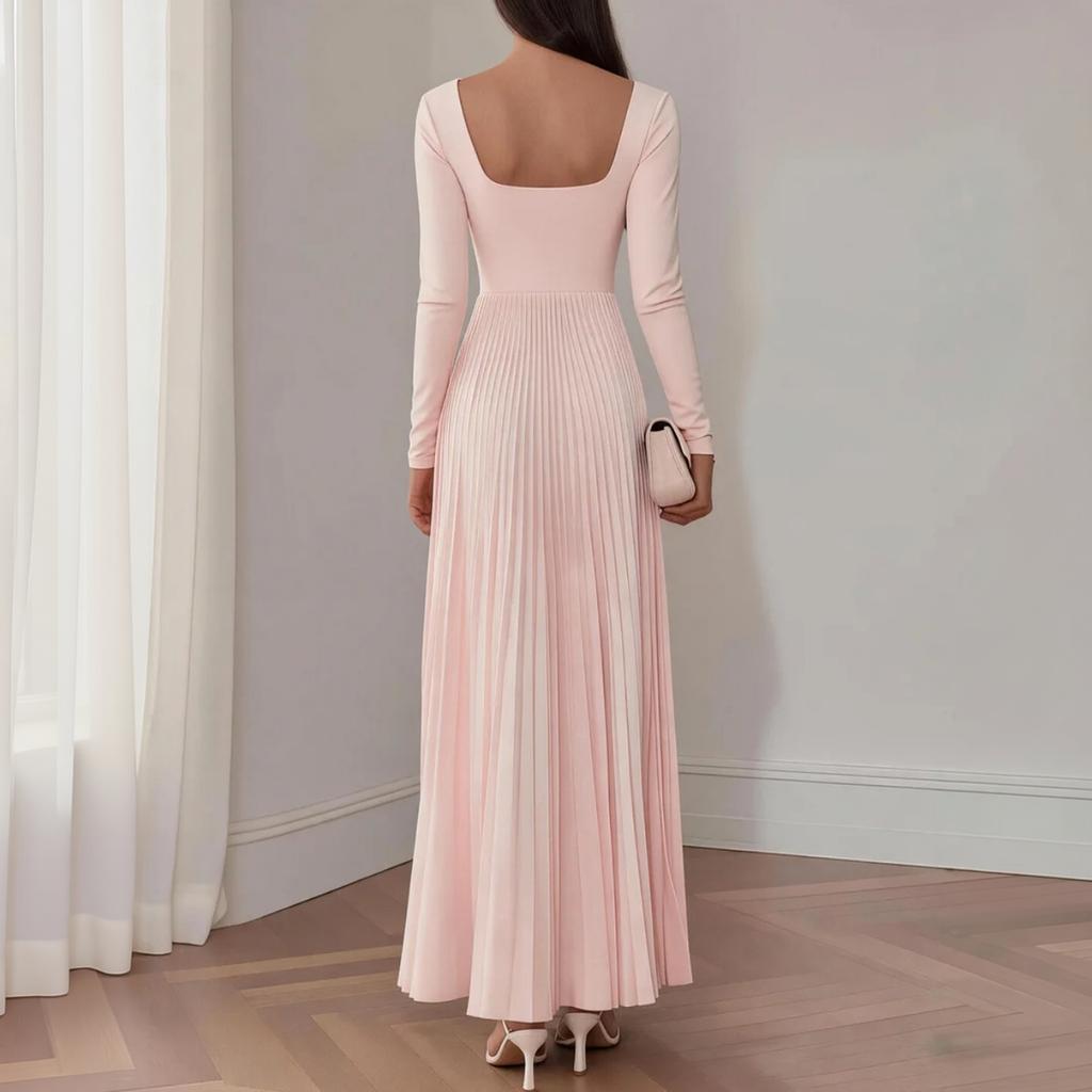 Women's Square Neck Long Sleeve Pleated Midi Dress with Waist-Cinching for Formal Party Occasions