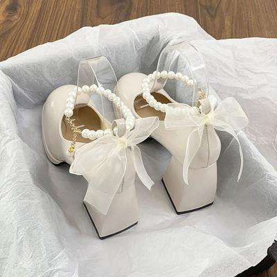 2025 Pearl Mary Jane Shoes French Niche Thick Heel Single Shoes Women's Bow High Heel Women's Shoes One-button Shoes
