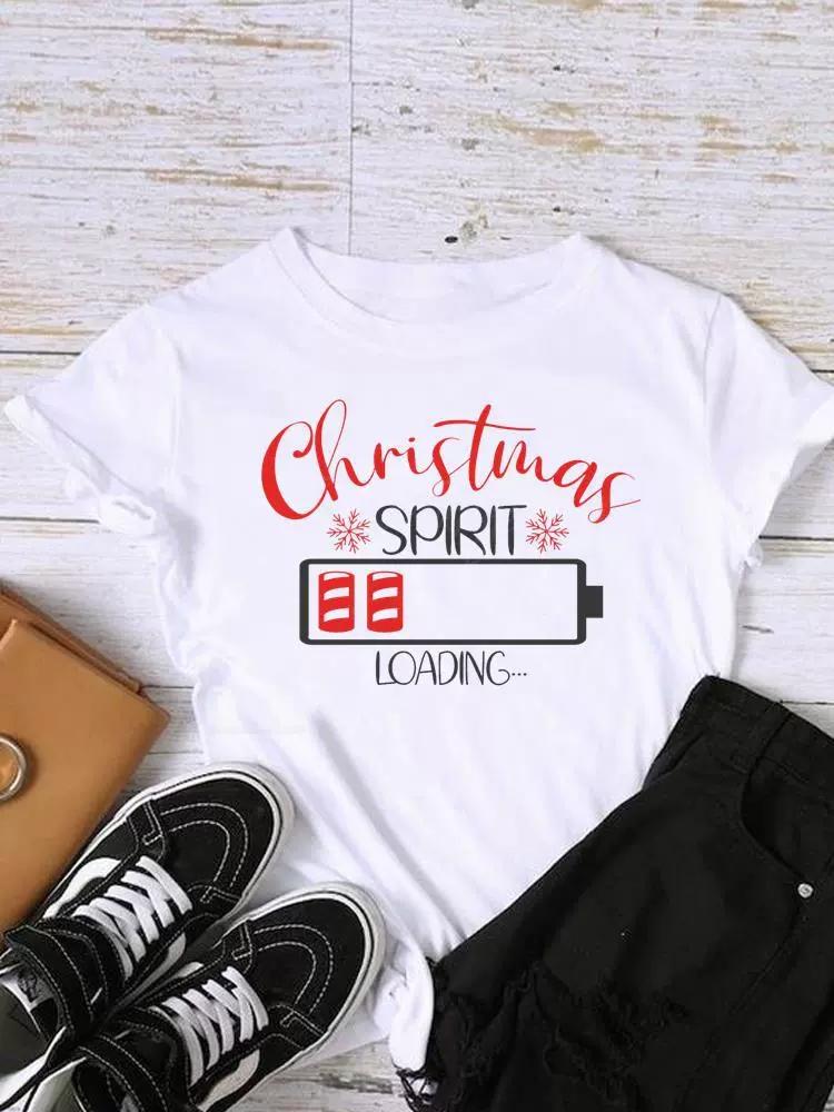 Christmas Womens Round Neck Short Sleeved Christmas Tree Reindeer Print Womens Loose Oversized Comfortable White Tshirt