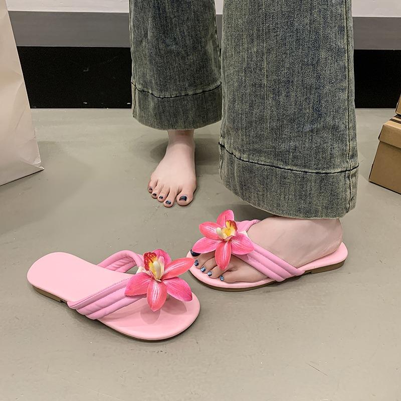 Flat Bottom Phalaenopsis Flip Flops Summer New Round Head Clip Toes Soft Bottom Non-Slip Low Heel Beach Cool Mopping