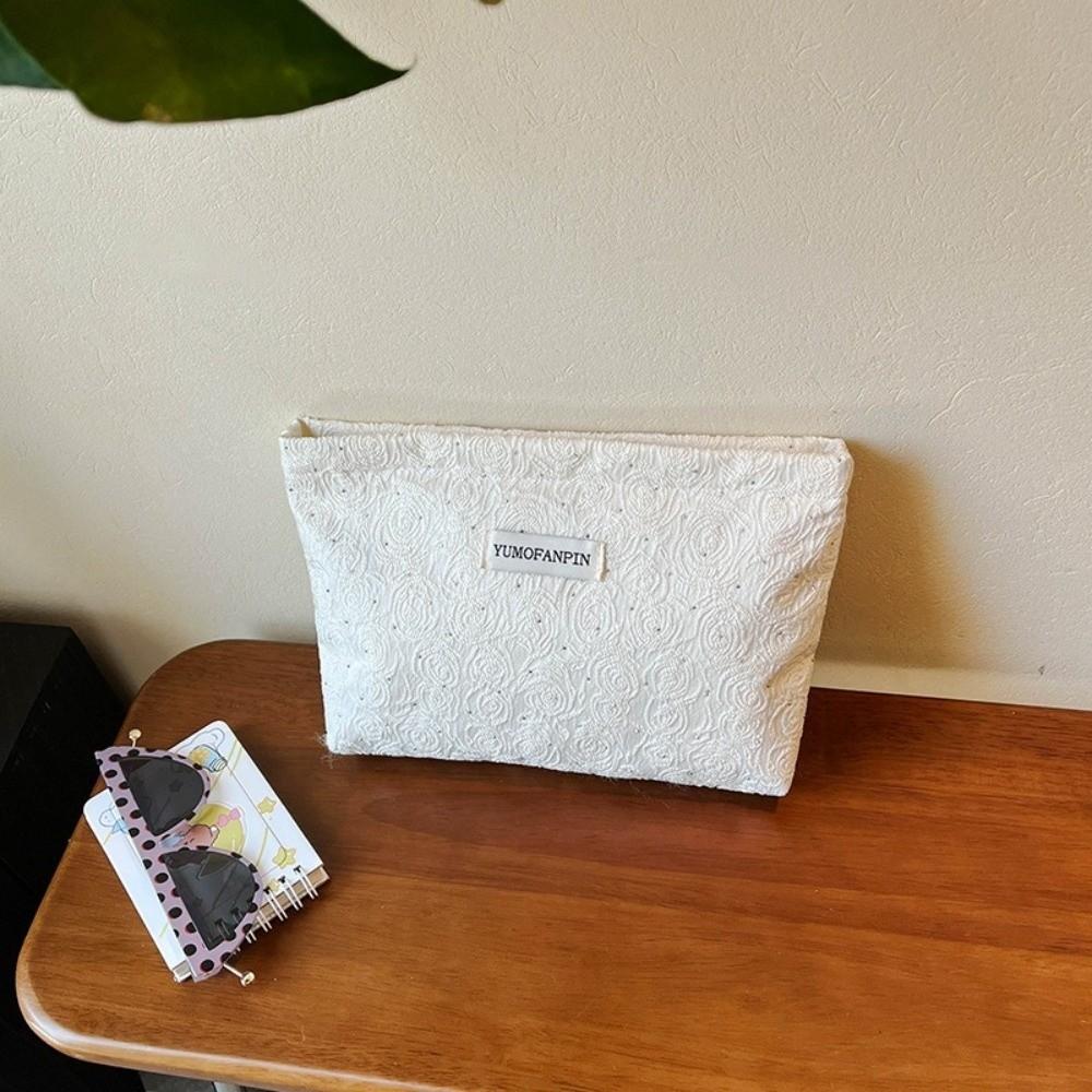 Portable Zippered Makeup Bag Flower Pattern Large Capacity Cosmetic Pouch Multi-purpose Solid Color Storage Bag Outdoor