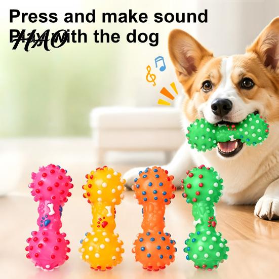 Oral Health Care Dog Toys Squeaky Dumbbell Toy, Vinyl Chew Spiky Teeth Safe Non-Toxic Cleaning Toy for Small Large Dogs Interactive Play Bright