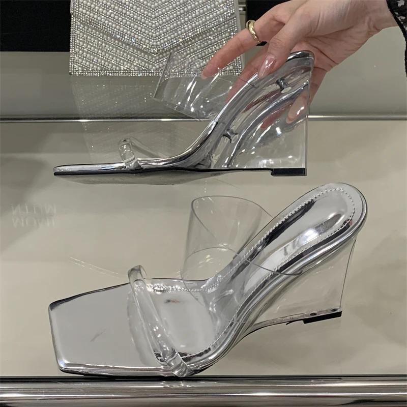 Eilyken New Design Crystal Wedges High Heels Women Slippers Fashion PVC Transparent Square Toe Banquet Slide Shoes
