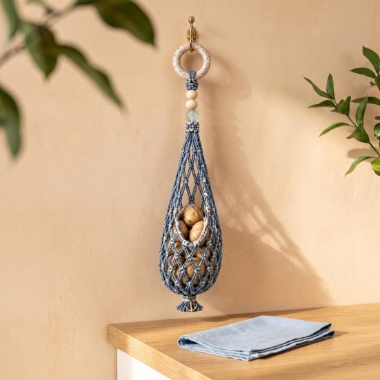 Onion And Potato Storage Keeper Handwoven Cotton Rope Mesh Bag, Wall-Mounted Bohemian Style Organizer, Kitchen Countertop Space Saver Breathable