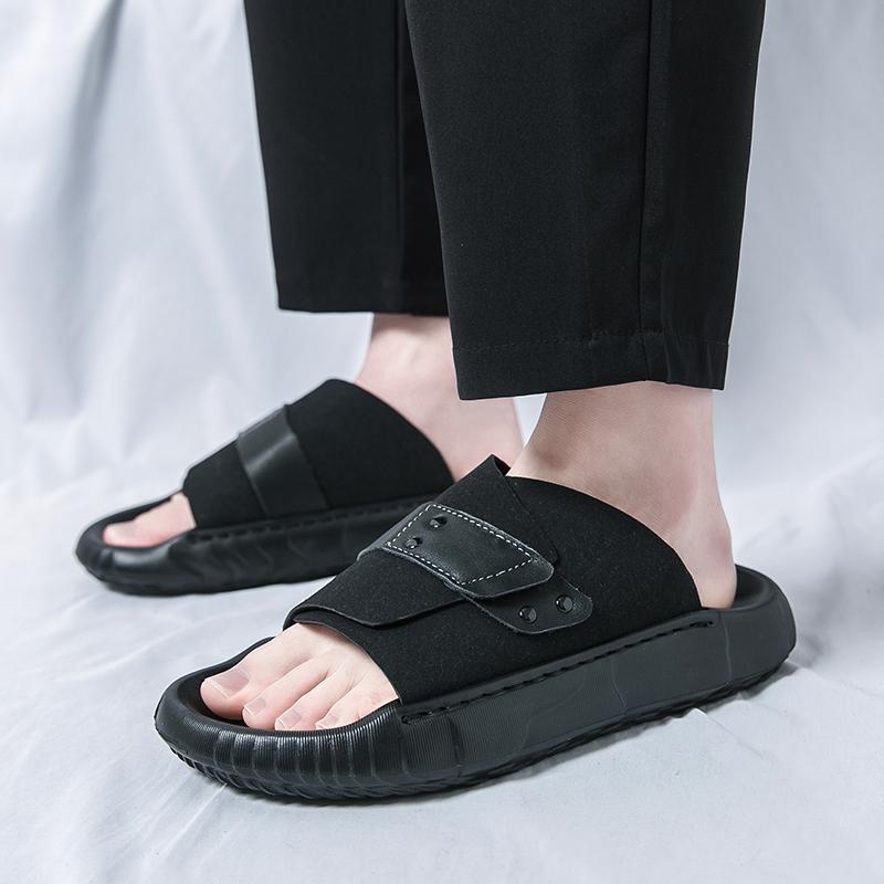 Summer New Brown Black Men's  Comfort Thick-soled Suede Leather Casual Shoes Breathable Beach Sandals Outdoor Slippers