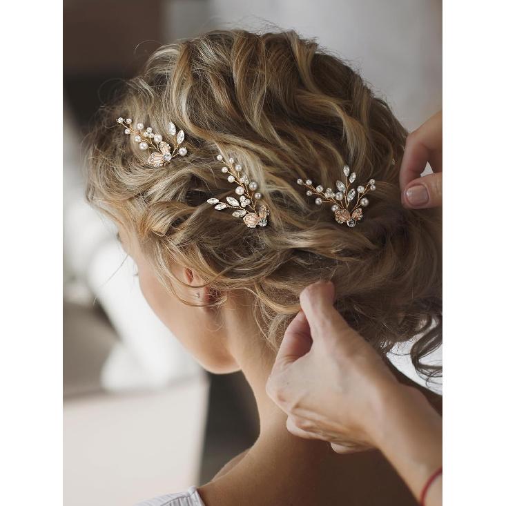 SWEETV Hair Pins, 3Pcs Bridal Hair Accessories Pearl Bride Wedding Hair Pins Leaf Bridal Head Piece Rhinestones Gold Hair Jewelry for Women and Girls
