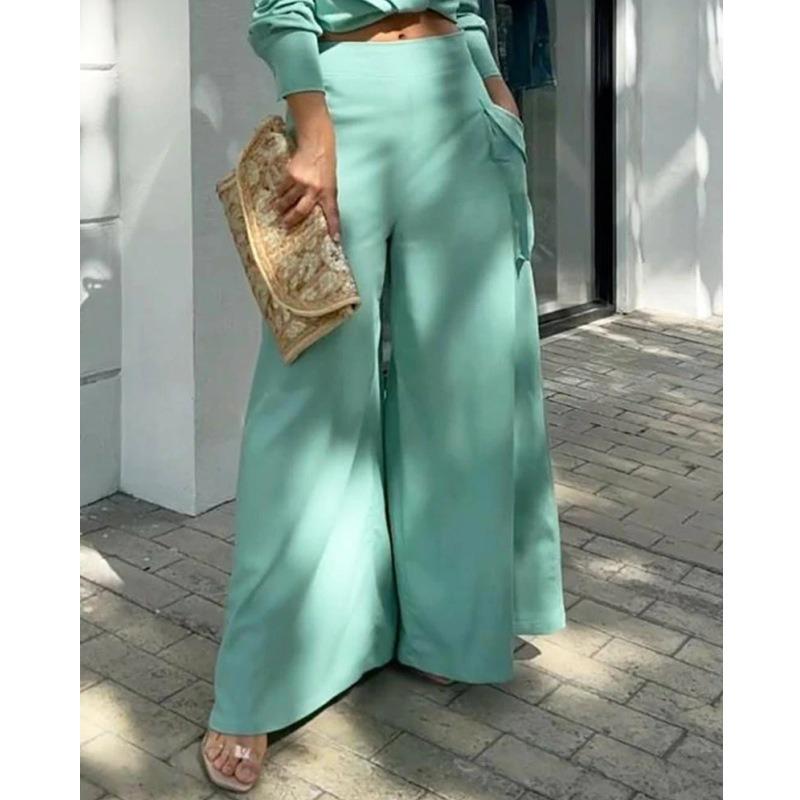 Women Casual Solid Color Long Sleeve Shirt High Waist Wide Leg Pants Two Piece Set